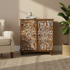 Mehira Handcrafted Wooden Cabinet styled in living room – Distress Brown Finish