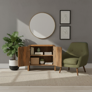 Padma Carved Wooden 2 Door Cabinet with Open Doors – Handcrafted Solid Wood