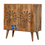 Side view of Petal Weave Cane Design Cabinet from Jodhpur Wood showing handcrafted wooden frame and smooth natural finish