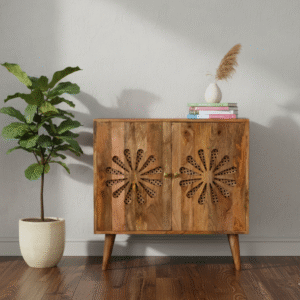 Petal Weave Cane Design Cabinet from Jodhpur Wood styled in a modern living room interior