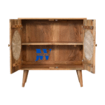 Petal Weave Cane Design Cabinet from Jodhpur Wood with open doors showing spacious wooden shelves and handcrafted cane panels