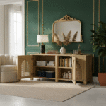 Wooden sideboard with natural cane doors open showing inner shelves and storage