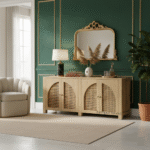 Side view of wooden sideboard with natural cane 4 doors in modern interior