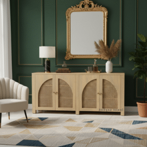 Wooden sideboard with cane doors styled in living room interior