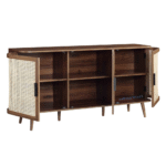 Side open view of Aero 3-Door Rattan Cabinet showing interior storage – handcrafted Jodhpuri Sheesham furniture