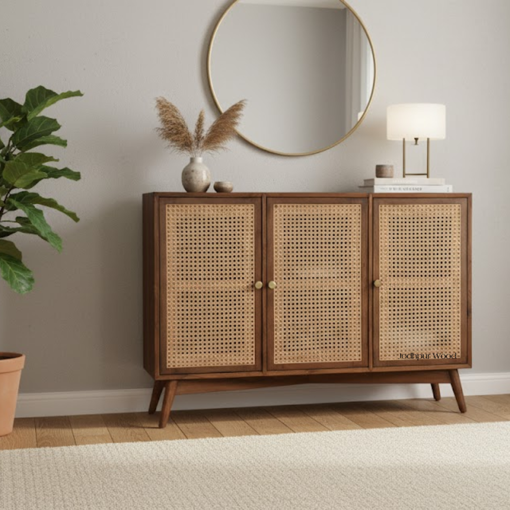 Aeroa Rattan Sideboard styled in living room – handcrafted Jodhpuri wooden furniture