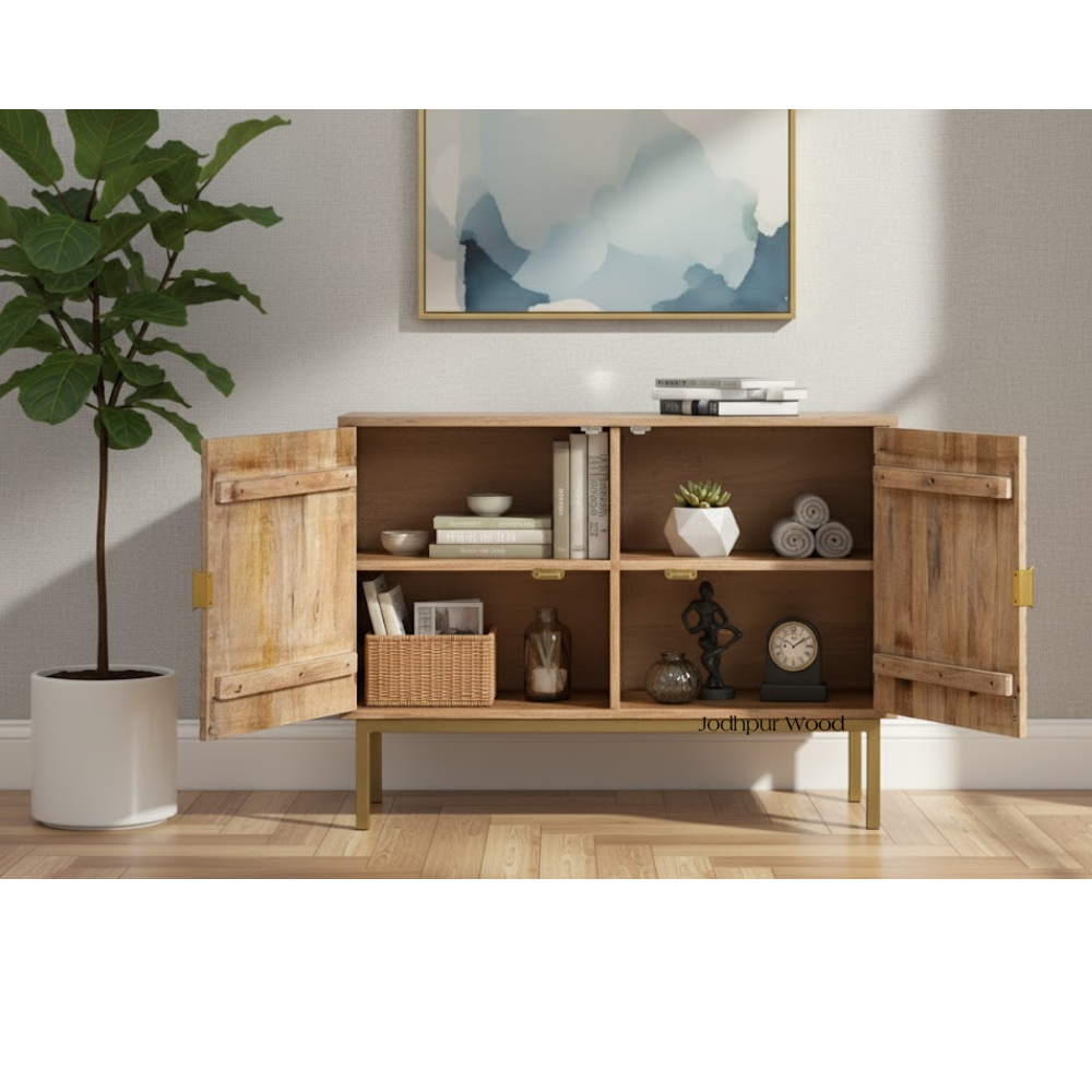 calembe-mango-wood-sideboard-lifestyle-open-doors – mango wood sideboard with open doors showing interior storage