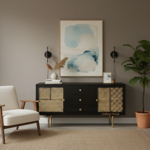 CaneWeave Mango Wood Sideboard styled in modern living room décor