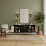 CaneWeave Mango Wood Sideboard with open doors and drawers in a modern living room setup