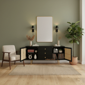 CaneWeave Mango Wood Sideboard with open doors and drawers in a modern living room setup