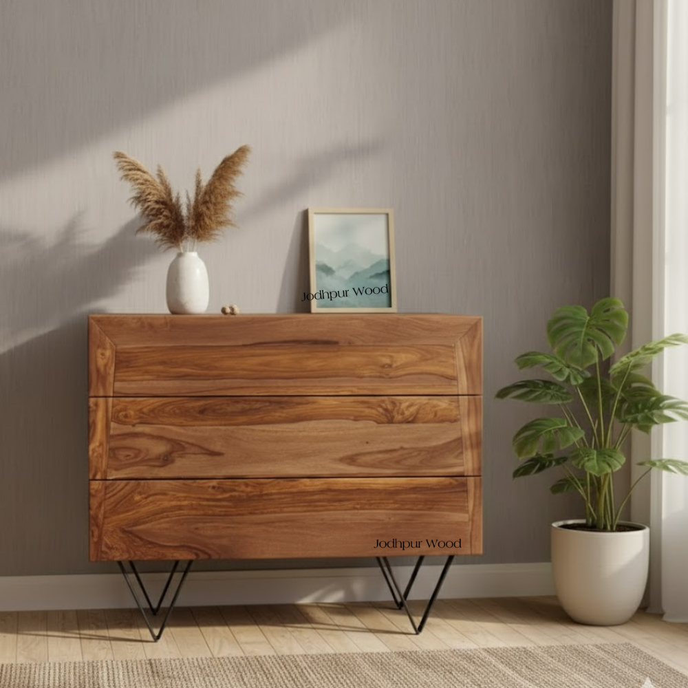Classic Sheesham 3 Drawer Chest styled in living room – handcrafted Jodhpur furniture by Furn Hands of Artisan