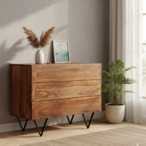 Side angle view of Classic Sheesham 3 Drawer Chest – solid wood furniture handcrafted in Rajasthan by Furn Hands of Artisan