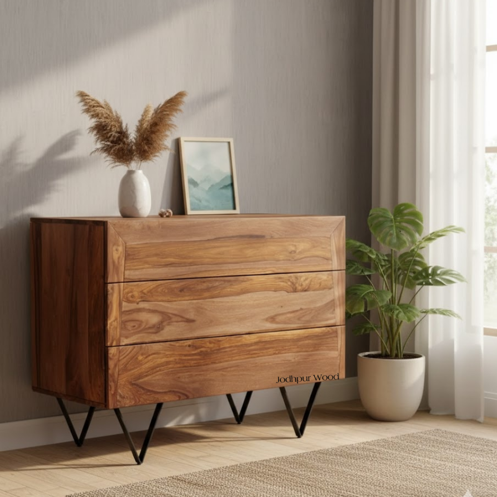 Side angle view of Classic Sheesham 3 Drawer Chest – solid wood furniture handcrafted in Rajasthan by Furn Hands of Artisan