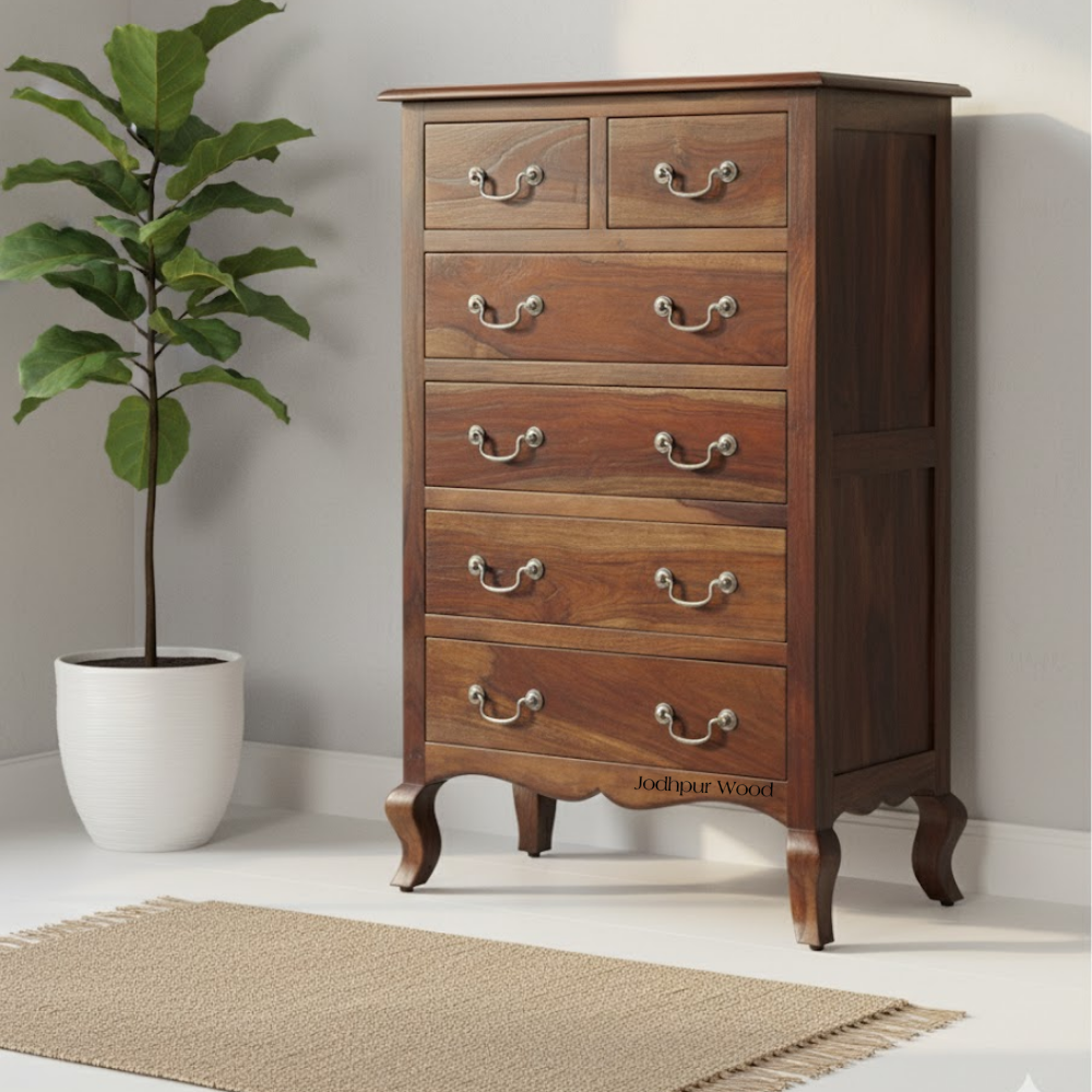 Lifestyle side view of Classic Sheesham Heritage Drawer Chest in a modern home interior