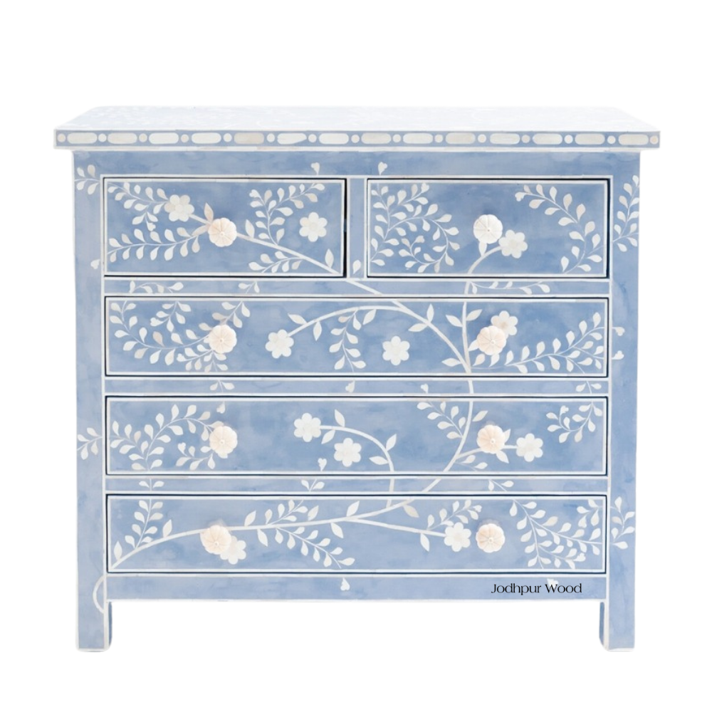 Jodhpuri Blue Bone Inlay Chest of Drawers – Front View | Rajasthani Bone Inlay Furniture