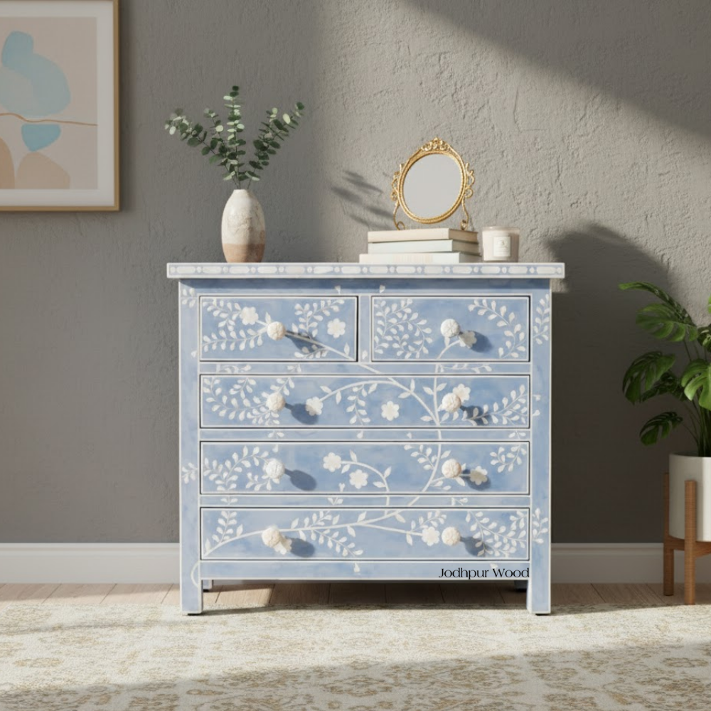Jodhpuri Blue Bone Inlay Chest of Drawers in a Modern Home Interior – Lifestyle Front View