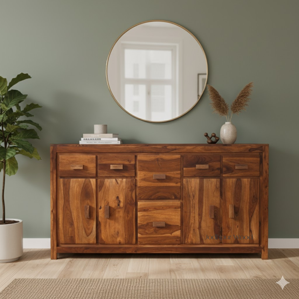 marven-sheesham-wood-sideboard-lifestyle-front – styled in a modern living room interior
