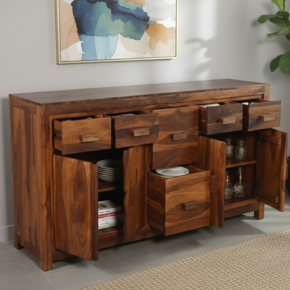 marven-sheesham-wood-sideboard-lifestyle-side-open – lifestyle side view showing Sheesham wood sideboard with open doors and drawers in modern living room