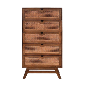 Front view of the Miami Heritage Cane 5-Drawer Dresser featuring wooden frame and handwoven cane panels.