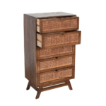 Side view of the Miami Heritage Cane 5-Drawer Dresser with three drawers open, showing storage space and cane detailing.