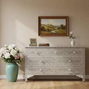 ModernPearl Seven-Drawer Chest styled in a contemporary room setting, featuring Mother of Pearl inlay.