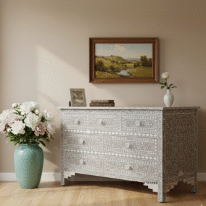 Side lifestyle view of the ModernPearl Seven-Drawer Chest showing its silhouette and handcrafted Mother of Pearl inlay.