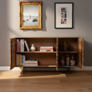 Side view of Navya Carved Sideboard in lifestyle setting – handcrafted Mango wood Jodhpuri furniture