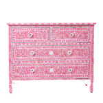 Front view of the PinkAura Bone Inlay Dresser featuring floral bone inlay on pink Jodhpur wood design.