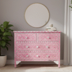PinkAura Bone Inlay Dresser styled in a modern interior, front lifestyle view showing floral inlay and pink finish.