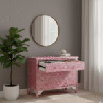 Side lifestyle view of the PinkAura Bone Inlay Dresser with one drawer open, showcasing floral bone inlay and Jodhpur wood craftsmanship.