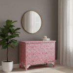 Side lifestyle view of the PinkAura Bone Inlay Dresser highlighting floral bone inlay and Jodhpur wood craftsmanship.