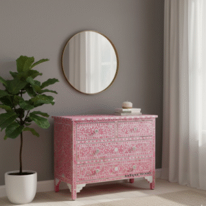 Side lifestyle view of the PinkAura Bone Inlay Dresser highlighting floral bone inlay and Jodhpur wood craftsmanship.