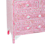 Close-up view of the floral bone inlay detailing on the PinkAura Bone Inlay Dresser crafted on Jodhpur wood.