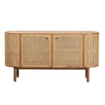 Front view of Prakriti Cane Wood Sideboard with 4 cane doors and natural brown finish