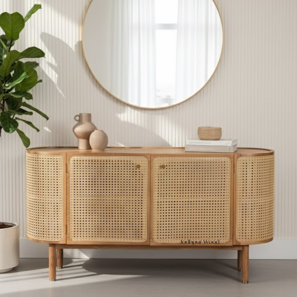 Prakriti Cane Wood Sideboard styled in living room interior with home décor