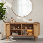 Prakriti Cane Wood Sideboard with open cane doors showing spacious wooden shelves in living room setup