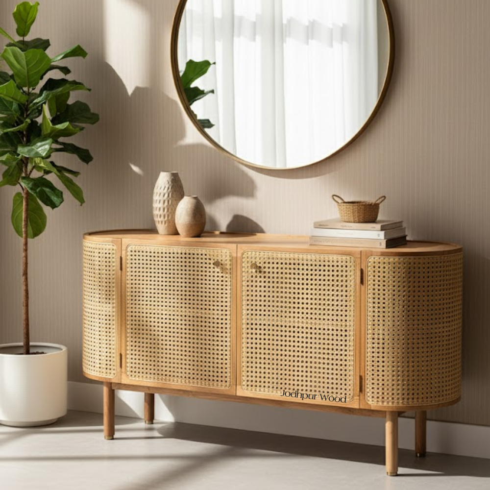 Side view of Prakriti Cane Wood Sideboard showing natural wood finish and design depth