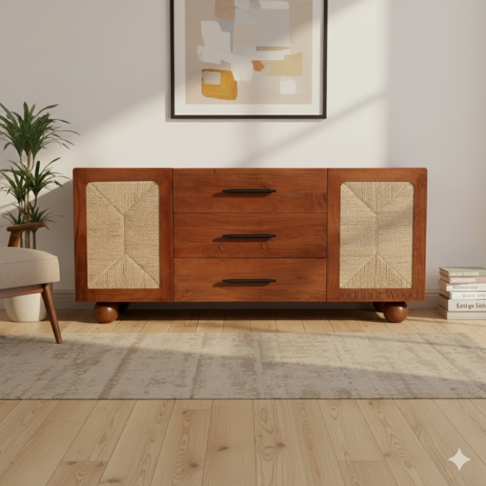 Rain Two Door Sideboard – Lifestyle Front View Rain Two Door Sideboard with 3 drawers styled in modern living room