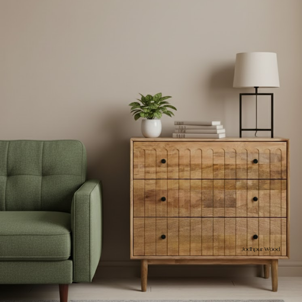 Sitara Groove Solid Wood Chest in living room – handcrafted Jodhpur furniture by Furn Hands of Artisan