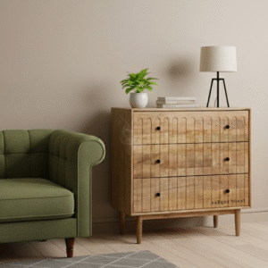 Side angle view of Sitara Groove Solid Wood Chest – handcrafted Mango wood furniture from Rajasthan