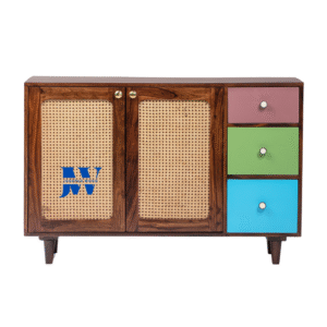 Tara Cane Wooden Sideboard – Front View of Sheesham Wood Cabinet with 2 Doors and 3 Drawers
