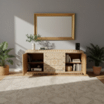 The Jodhpur Wood Aurelia Hand Carved Sideboard – Lifestyle Image with One Door Open Showing Storage