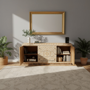 The Jodhpur Wood Aurelia Hand Carved Sideboard – Lifestyle Image with One Door Open Showing Storage