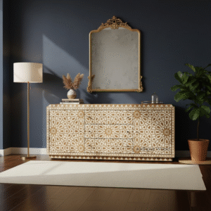 The Jodhpur Wood Aurelia Hand Carved Sideboard – Lifestyle Front View in Modern Home Décor