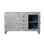 The Jodhpur Wood NOOR Bone Inlay Floral Sideboard – Front View with One Door Open Showing Inner Storage