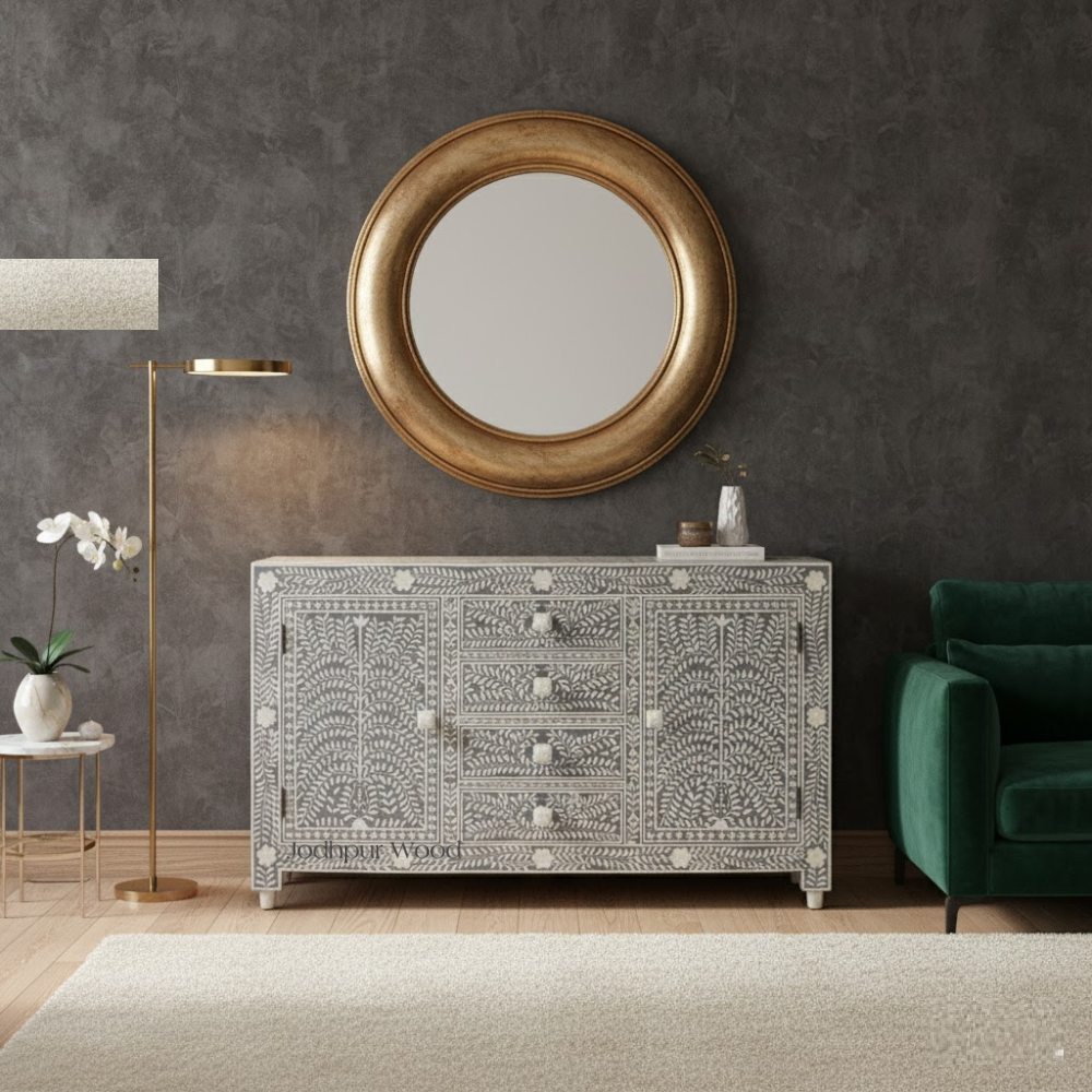 NOOR Bone Inlay Floral Sideboard – Timeless Luxury in Every Detail The Jodhpur Wood NOOR Bone Inlay Floral Sideboard – Lifestyle Front View in Modern Home Décor