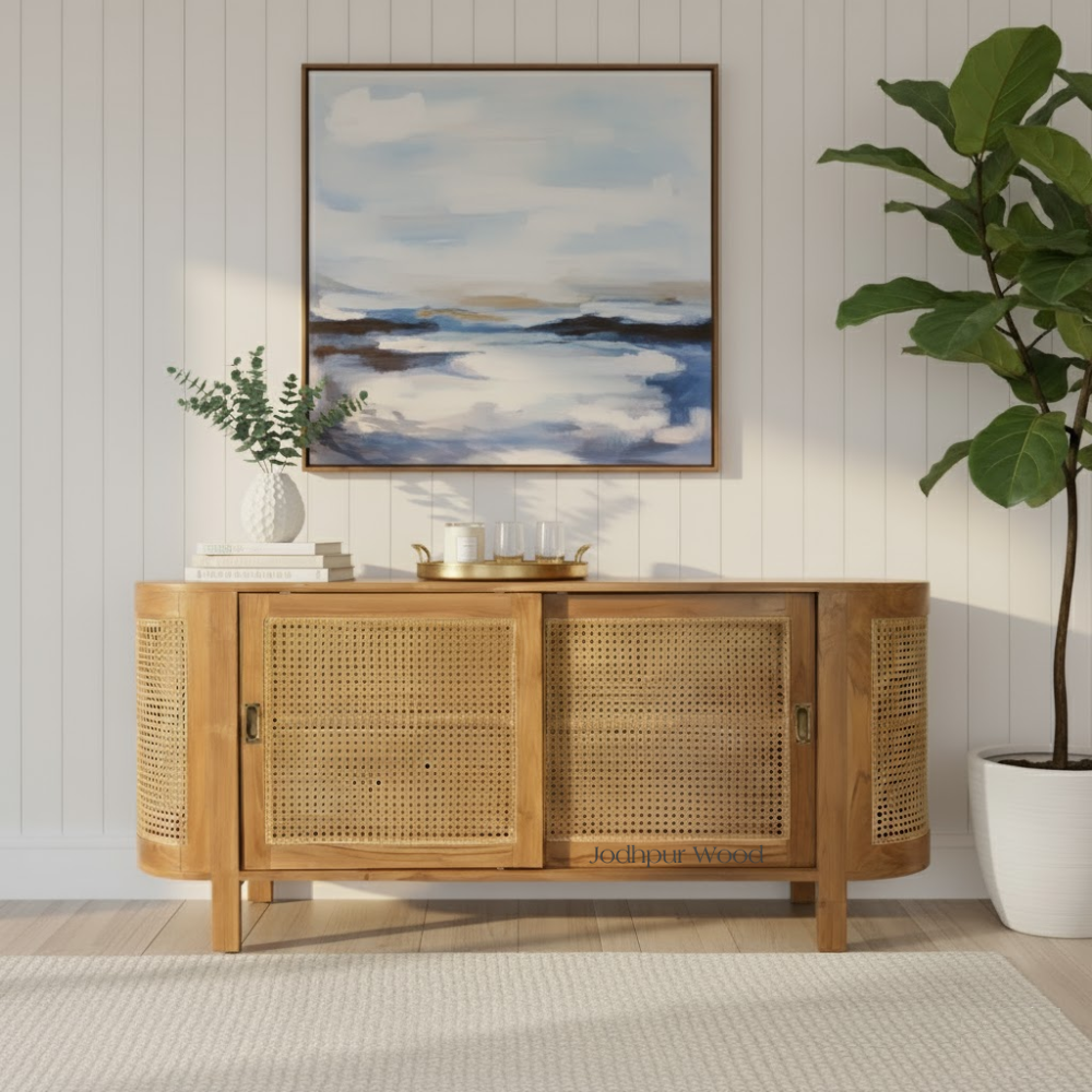 Rivera Teak Cane Sideboard – Natural Beauty in Contemporary Interiors The Jodhpur Wood Rivera Teak Cane Sideboard – Lifestyle Front View in Modern Living Room