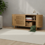 The Jodhpur Wood Rivera Teak Cane Sideboard – Lifestyle Side Angle View Showing Teak Finish