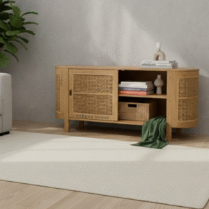 The Jodhpur Wood Rivera Teak Cane Sideboard – Lifestyle Side Angle View Showing Teak Finish