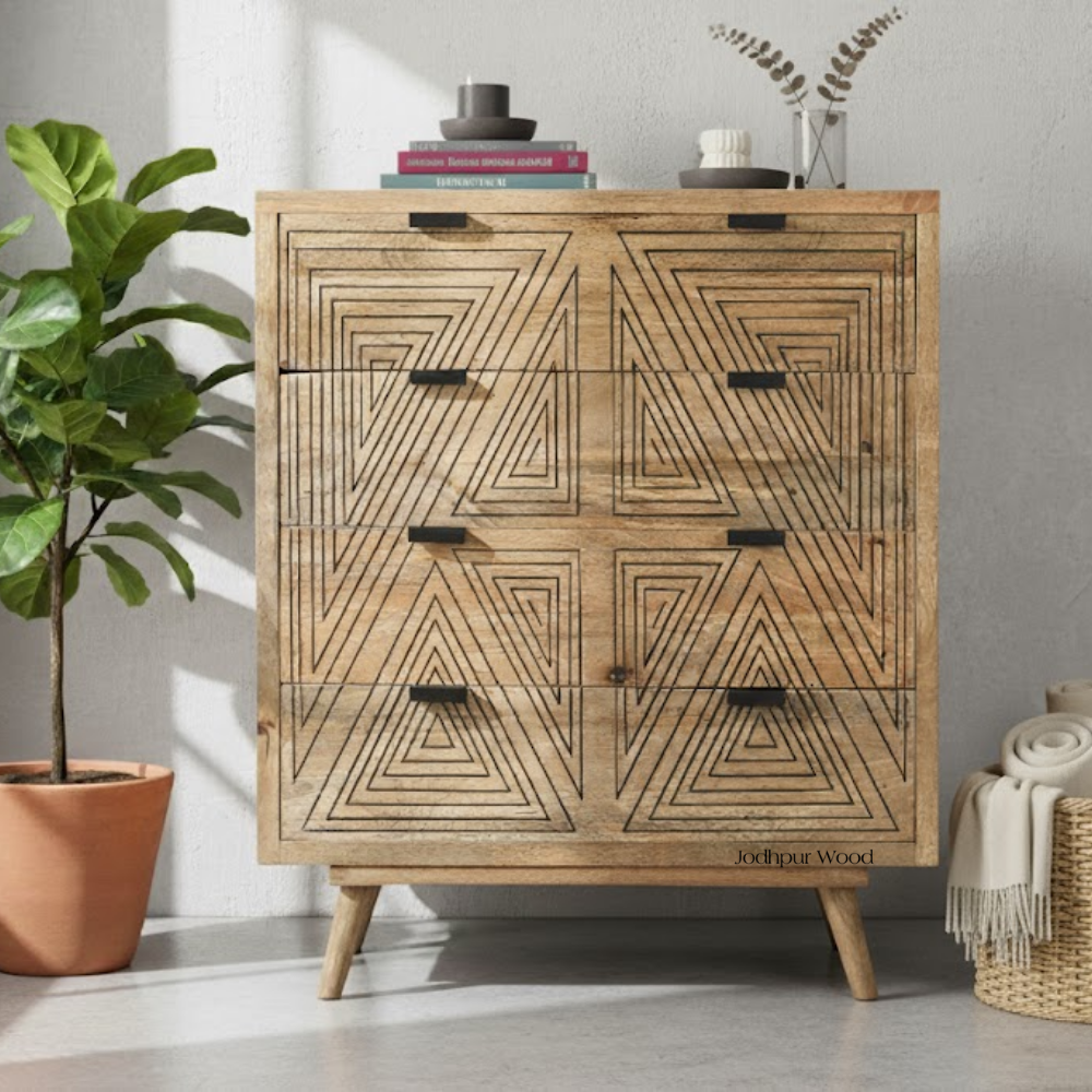 Urban MCM Chest – Lifestyle Front View Urban MCM 4-Drawer Chest in a modern home setting, front lifestyle view.